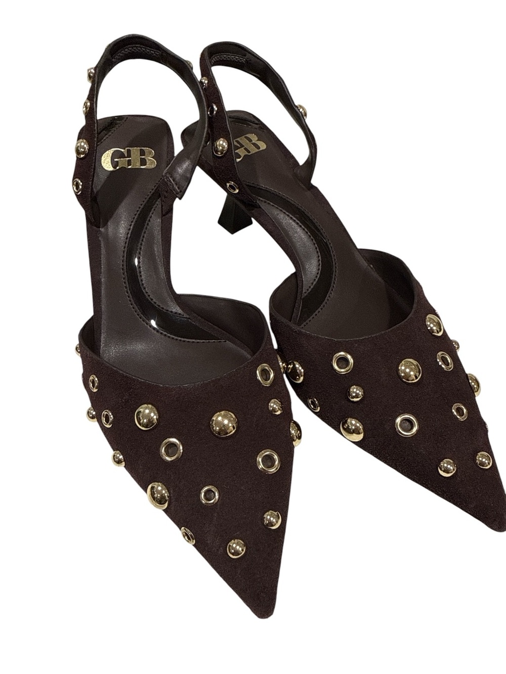 GB  Office Siren Brown Pointed Slingback Heels with Gold Studs